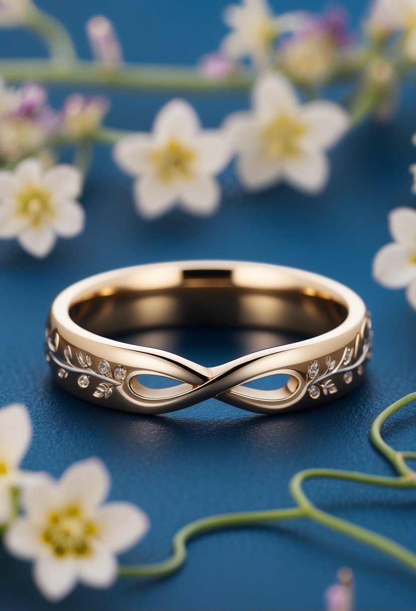 A wedding ring with an infinity symbol engraved on the inside, surrounded by delicate floral and vine designs