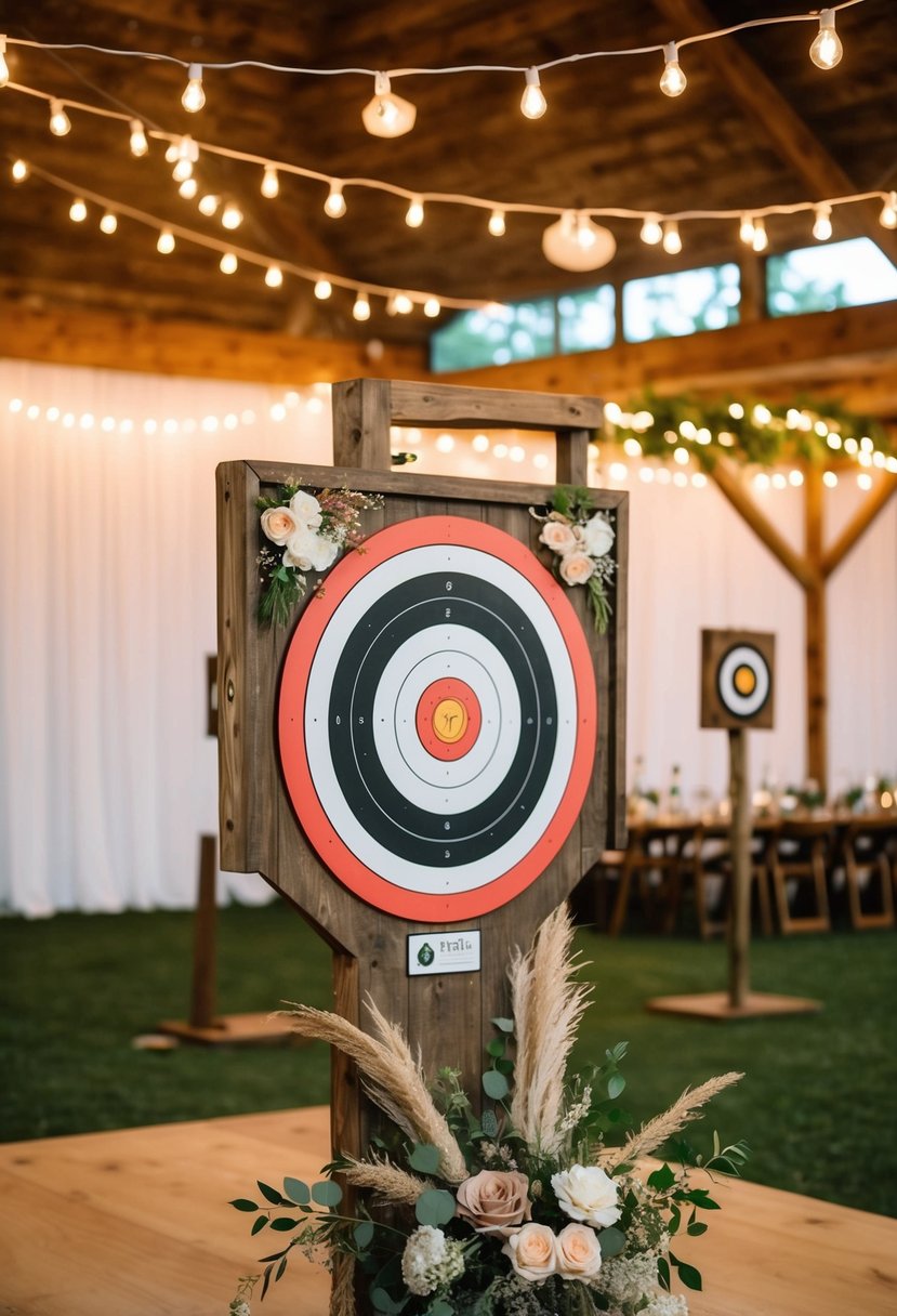 Axe throwing targets at a rustic wedding venue with floral decor and string lights