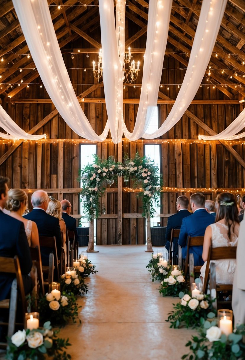 A rustic barn adorned with twinkling lights, draped fabric, and floral arrangements, set for a romantic wedding ceremony