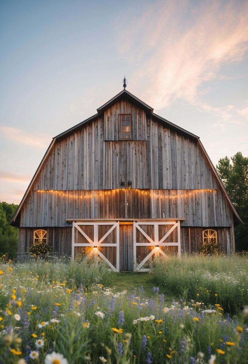 A rustic barn adorned with whimsical wood finishes, draped in fairy lights, and surrounded by wildflowers