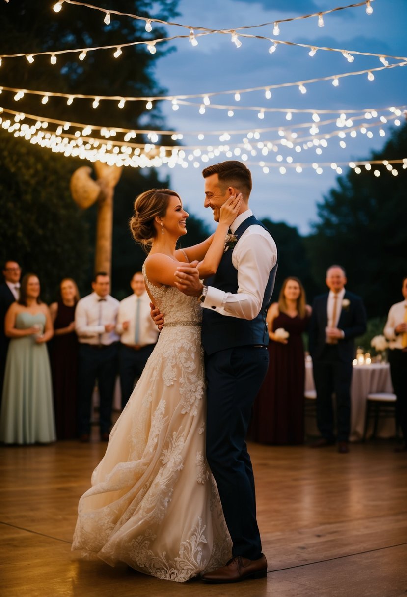 A couple dancing under fairy lights, surrounded by a custom wedding playlist of their favorite songs