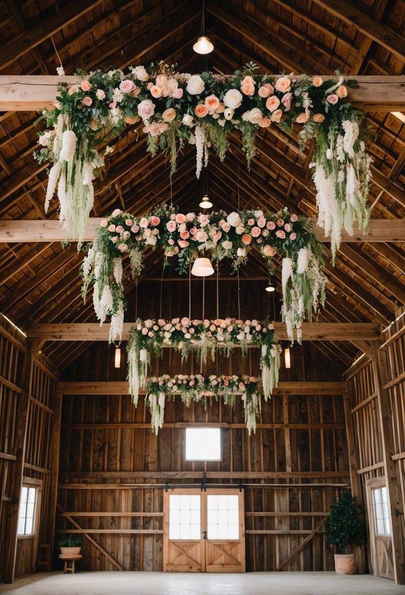 A rustic barn with hanging floral ceiling installations