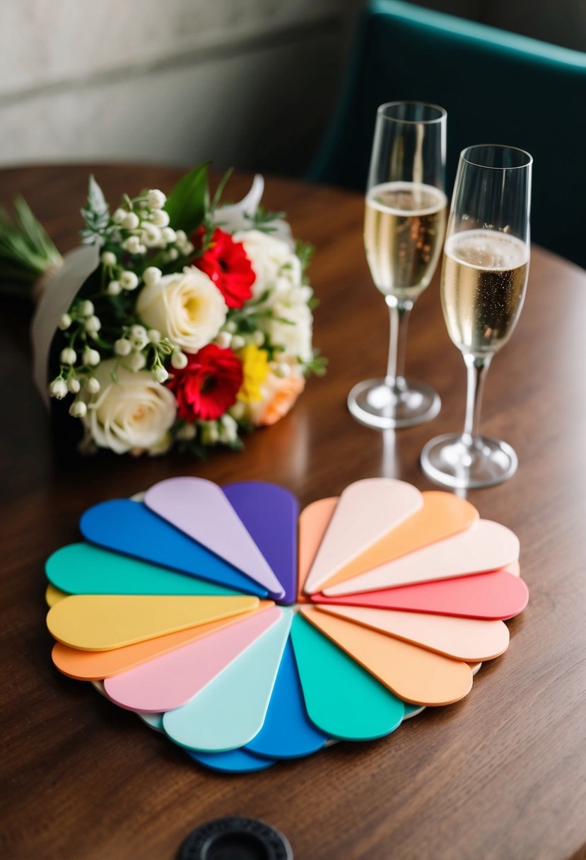 Colorful drink coasters arranged in a heart shape on a wooden table, with two glasses of champagne and a bouquet of flowers nearby