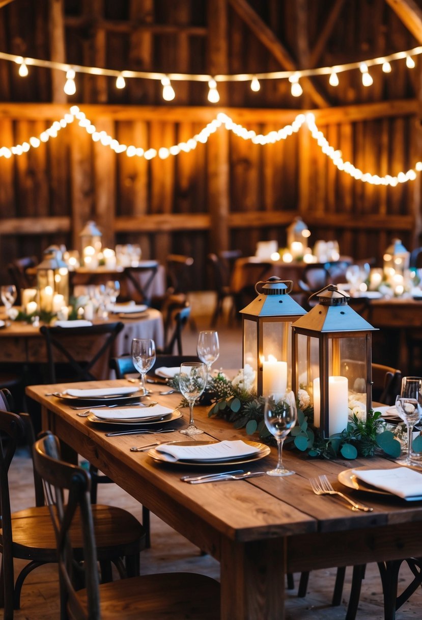 Rustic barn setting with wooden tables adorned with vintage lantern centerpieces, casting a warm glow over the charming wedding reception