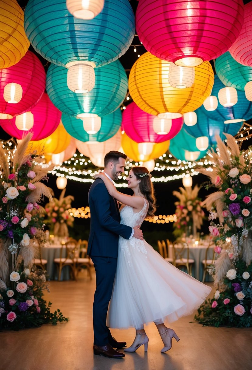 A couple twirls under a canopy of colorful paper lanterns, surrounded by whimsical floral arrangements and twinkling fairy lights