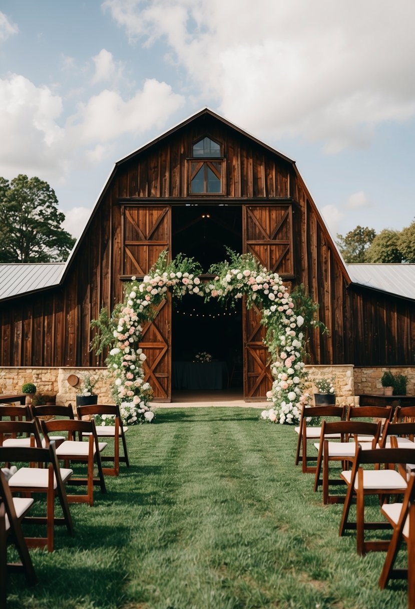 A charming barn adorned with rustic flower arches for a romantic wedding setting