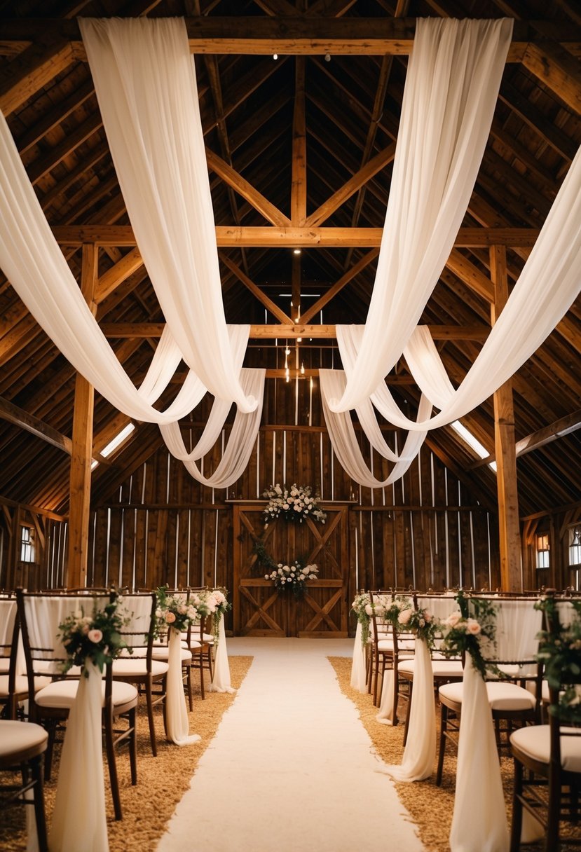 Beams draped with flowing fabric in a rustic barn setting, creating a romantic and elegant atmosphere for a wedding