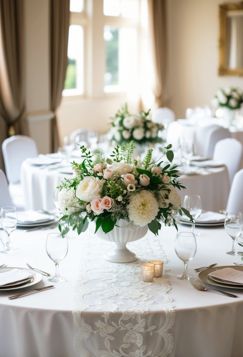 A pristine white wedding table with elegant floral centerpieces and delicate lace table runners