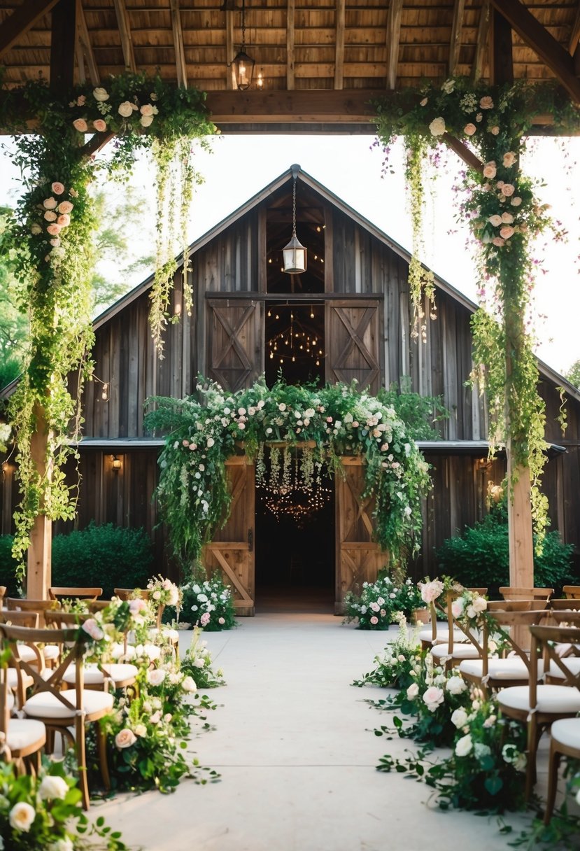 A rustic barn adorned with lush greenery, hanging vines, and cascading florals sets the stage for a romantic wedding celebration