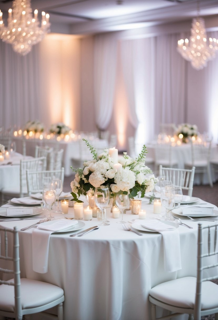 A pristine white wedding reception with white flowers, candles, and linens creating an elegant and sophisticated atmosphere