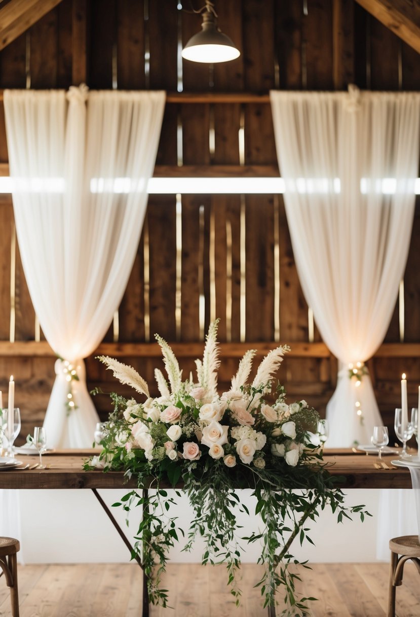 A rustic barn adorned with elegant draperies, soft lighting, and delicate floral arrangements for a romantic wedding setting