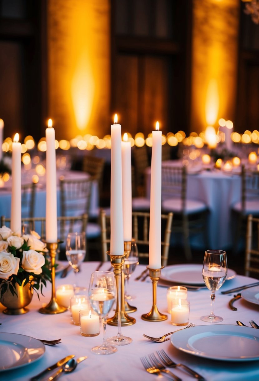 A table set with white tapered candles, casting a warm glow in an elegant wedding reception