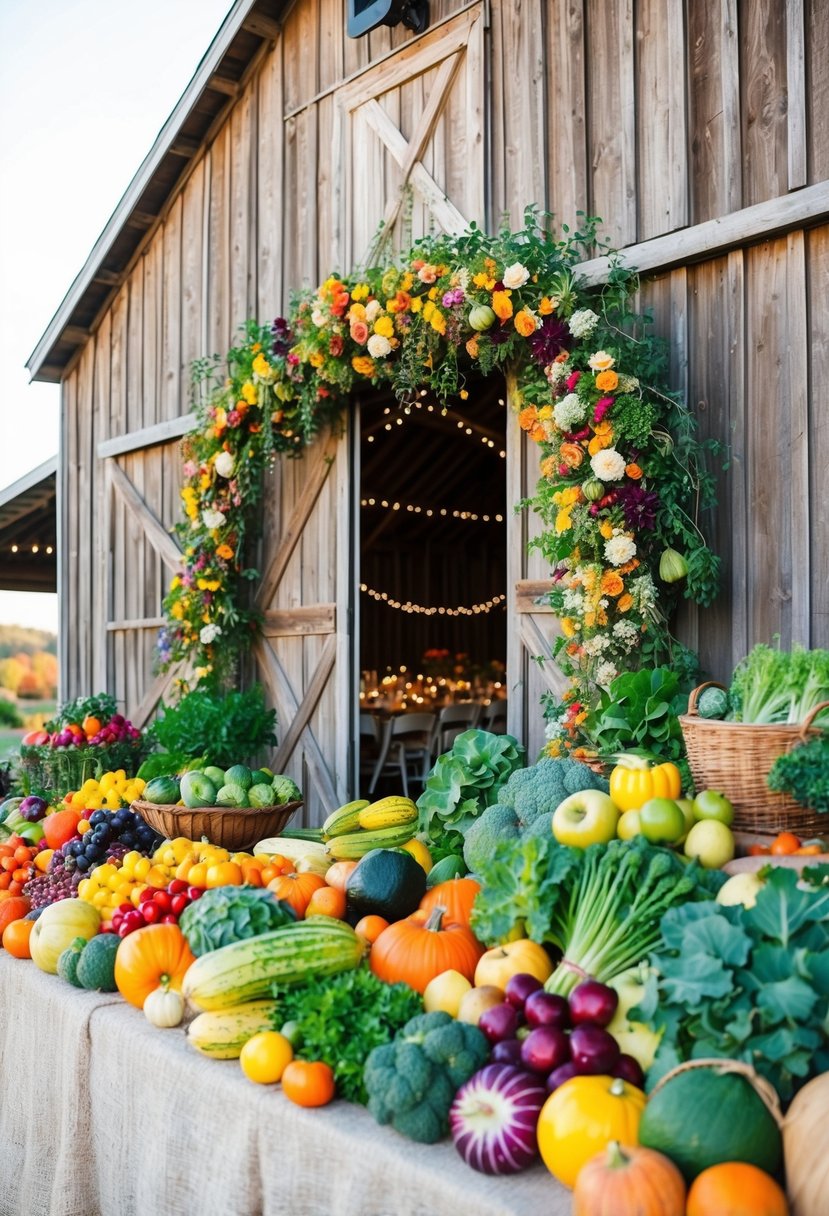 A rustic barn adorned with bountiful, colorful organic produce, creating a vibrant and natural setting for a seasonal wedding celebration