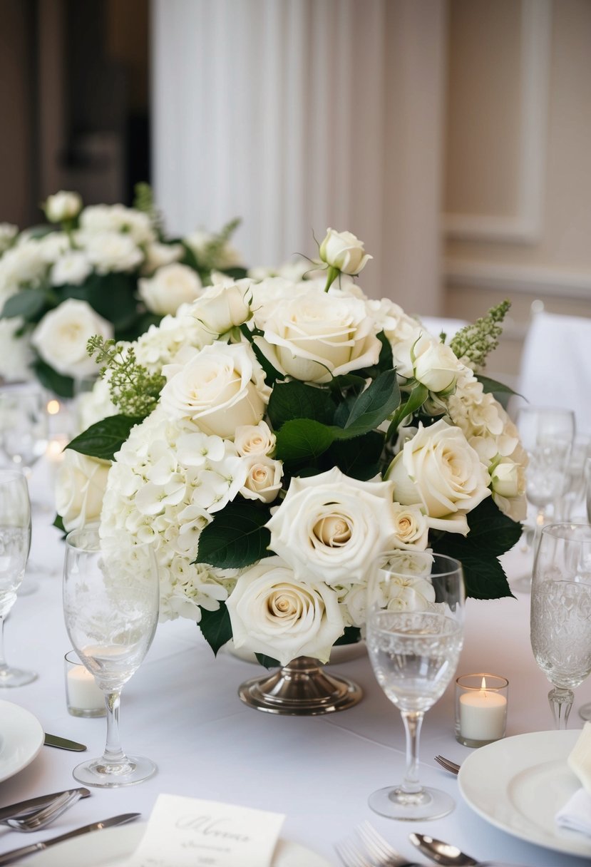 A table adorned with white roses and hydrangeas, surrounded by elegant white wedding decor