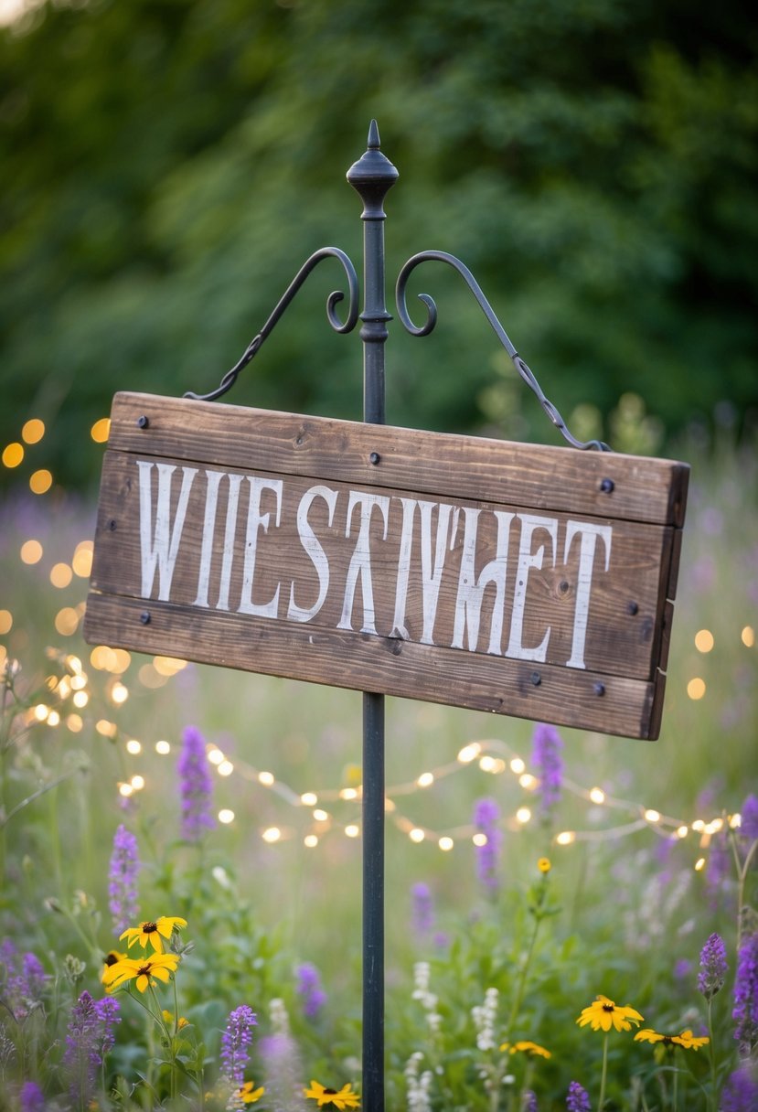 A weathered wooden sign hangs from a wrought iron bracket, surrounded by wildflowers and twinkling fairy lights