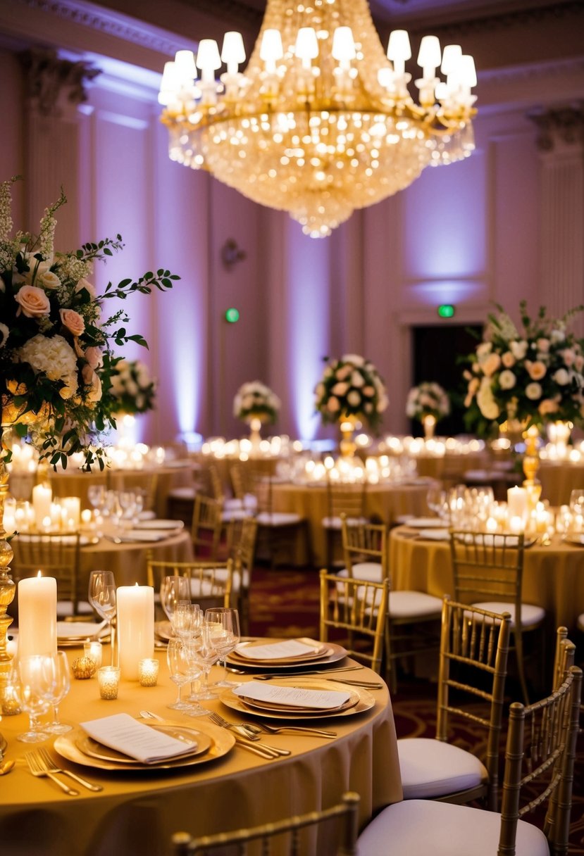 A grand ballroom with golden table settings, shimmering candles, and opulent floral arrangements. A golden chandelier casts a warm glow over the elegant scene