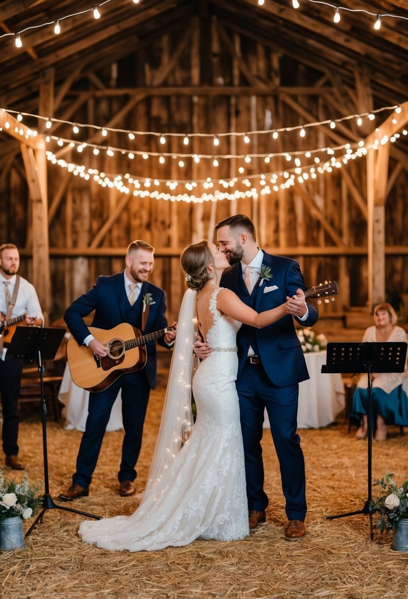 An intimate barn wedding with live acoustic music, string lights, and rustic decor