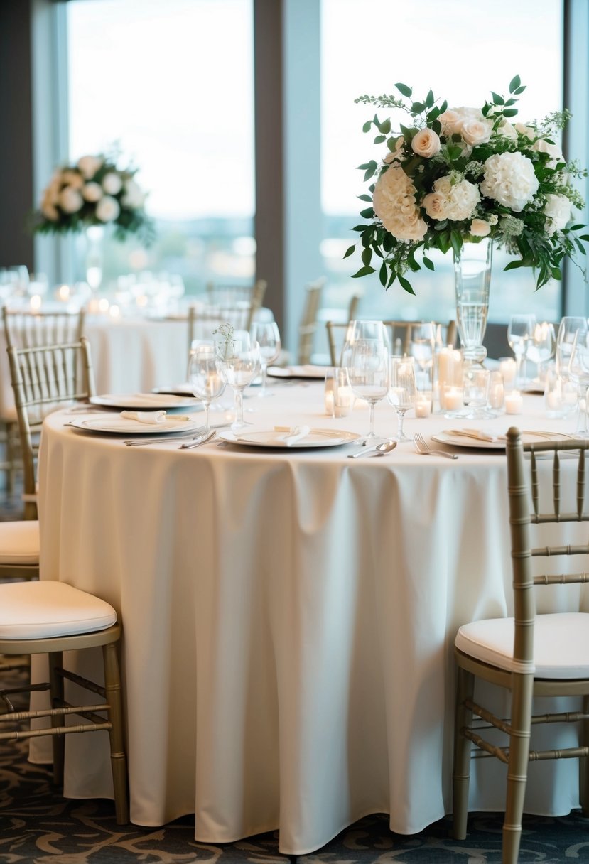 A table set with ivory tablecloths and elegant place settings for a timeless white wedding decor