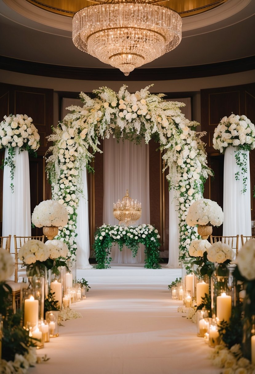 A grand arch adorned with gilded details, surrounded by opulent decor for a luxurious wedding ceremony