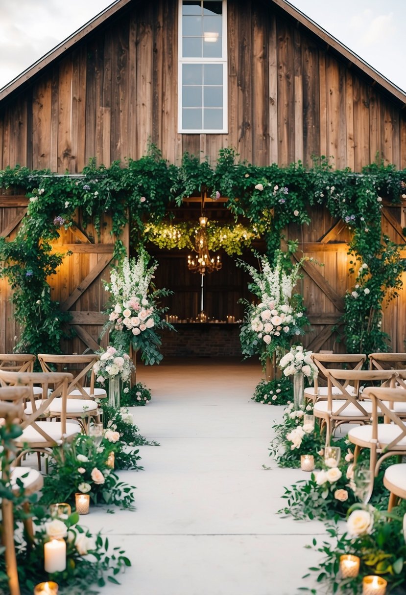 A rustic barn adorned with lush greenery, soft lighting, and delicate floral arrangements, creating a romantic ambiance for a wedding celebration