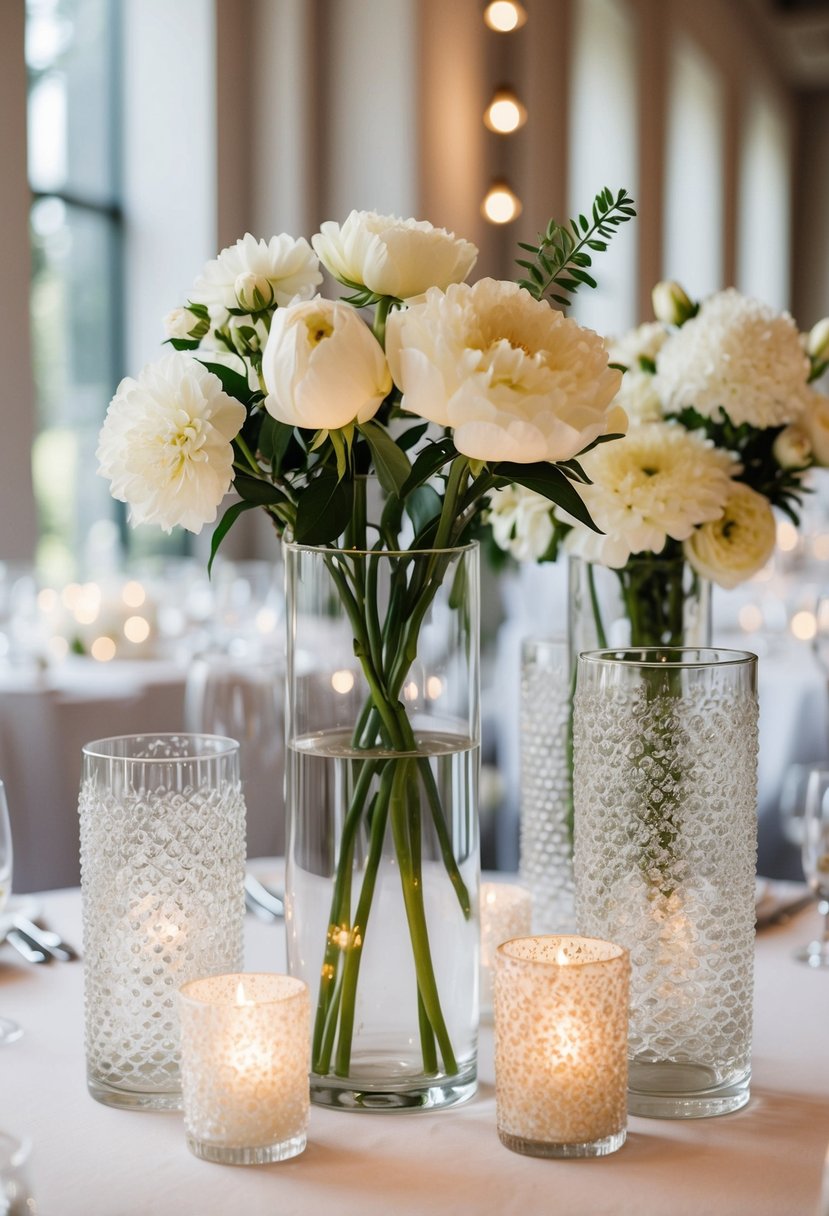 Clear vases filled with white flowers and textured votive candles create an elegant wedding decor scene