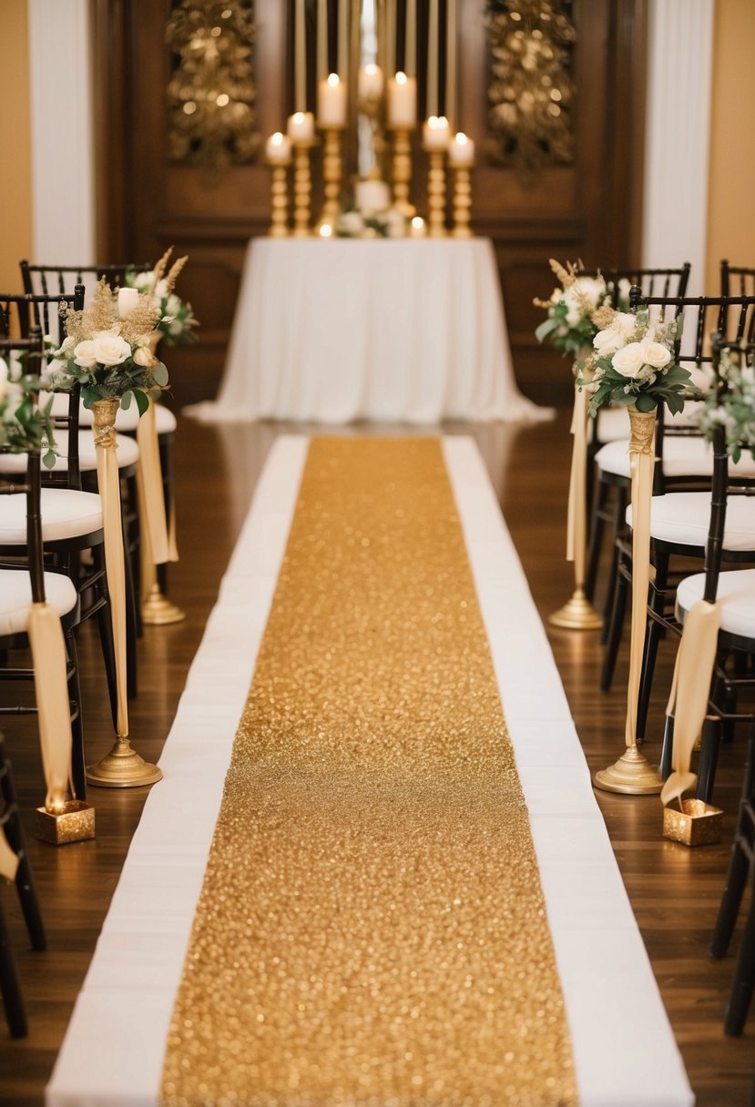 A golden aisle runner leading to an elegant wedding altar with gold accents and decor