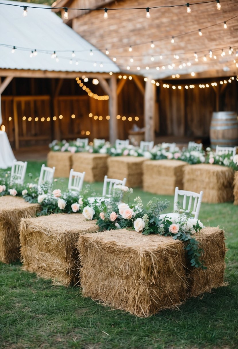 A rustic barn setting with hay bale seating, soft string lights, and floral accents for a cozy and romantic wedding atmosphere