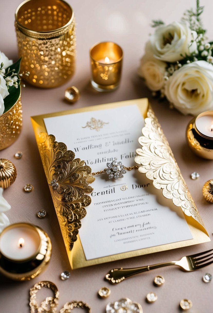 A luxurious gold foil wedding invitation surrounded by elegant gold wedding decor and flowers