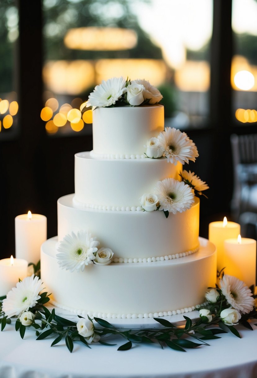 A white wedding cake surrounded by white flowers and candles