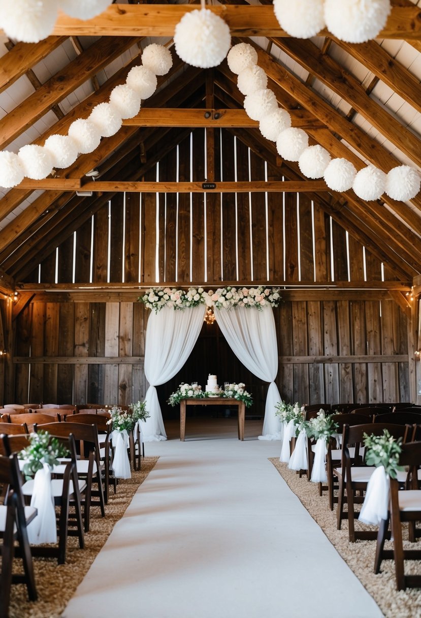 A rustic barn adorned with pom pom accents for a wedding celebration