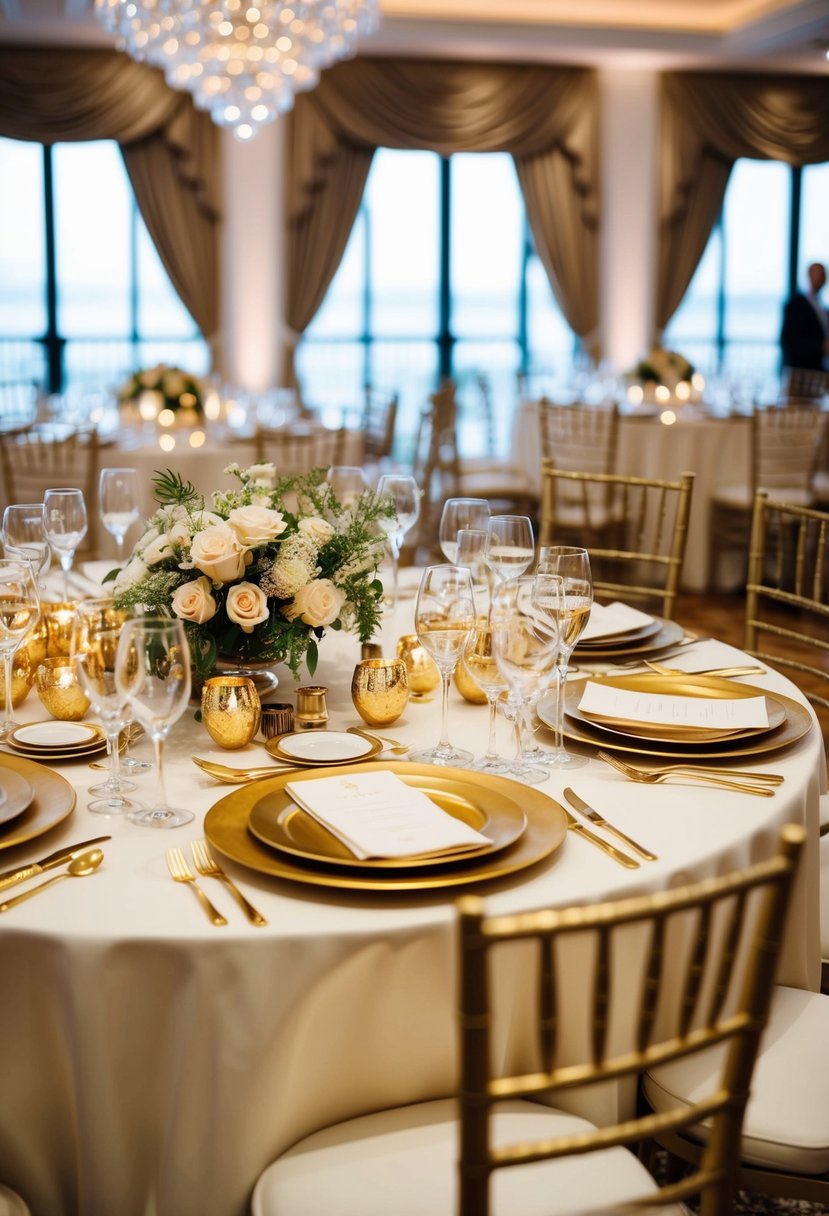 A lavish table set with gleaming gold tableware for a luxurious wedding celebration