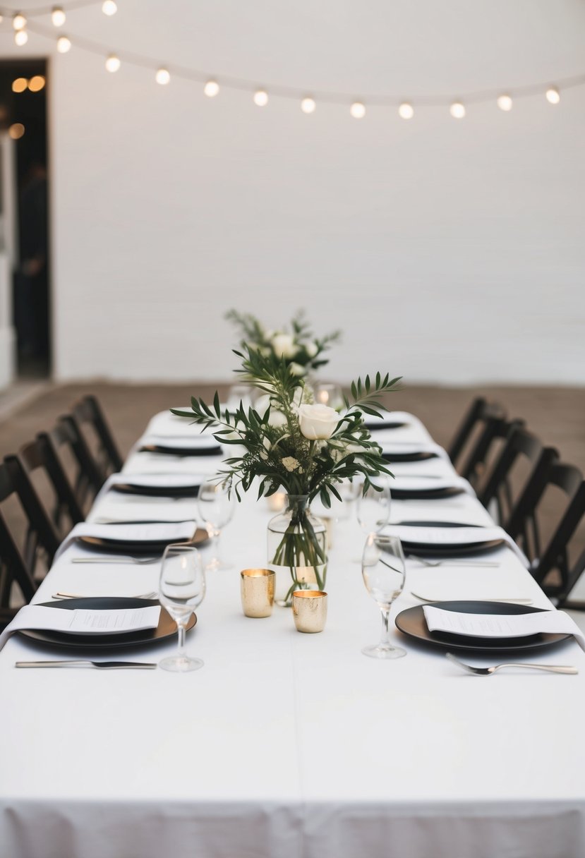 A simple white wedding table with clean lines and minimal decor