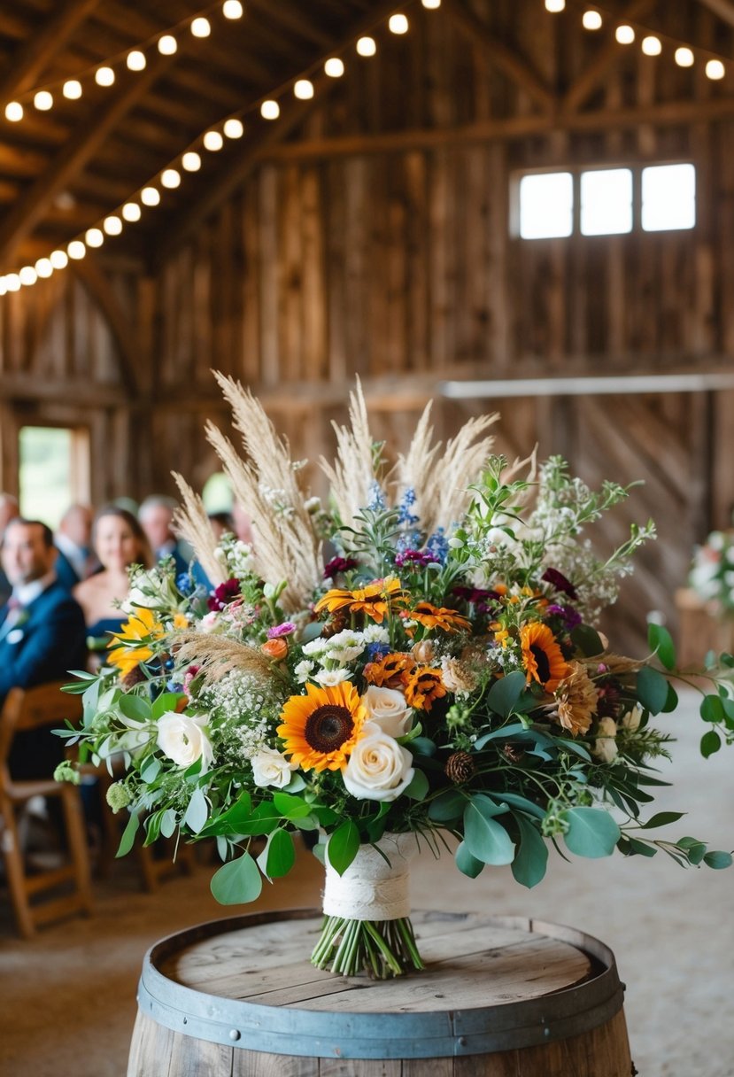 A rustic barn adorned with wildflower bouquets for a wedding celebration