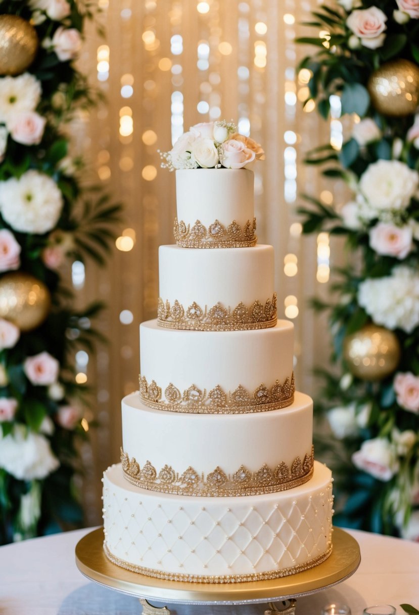 A three-tiered wedding cake adorned with intricate gold embellishments, set against a backdrop of shimmering gold accents and elegant floral arrangements