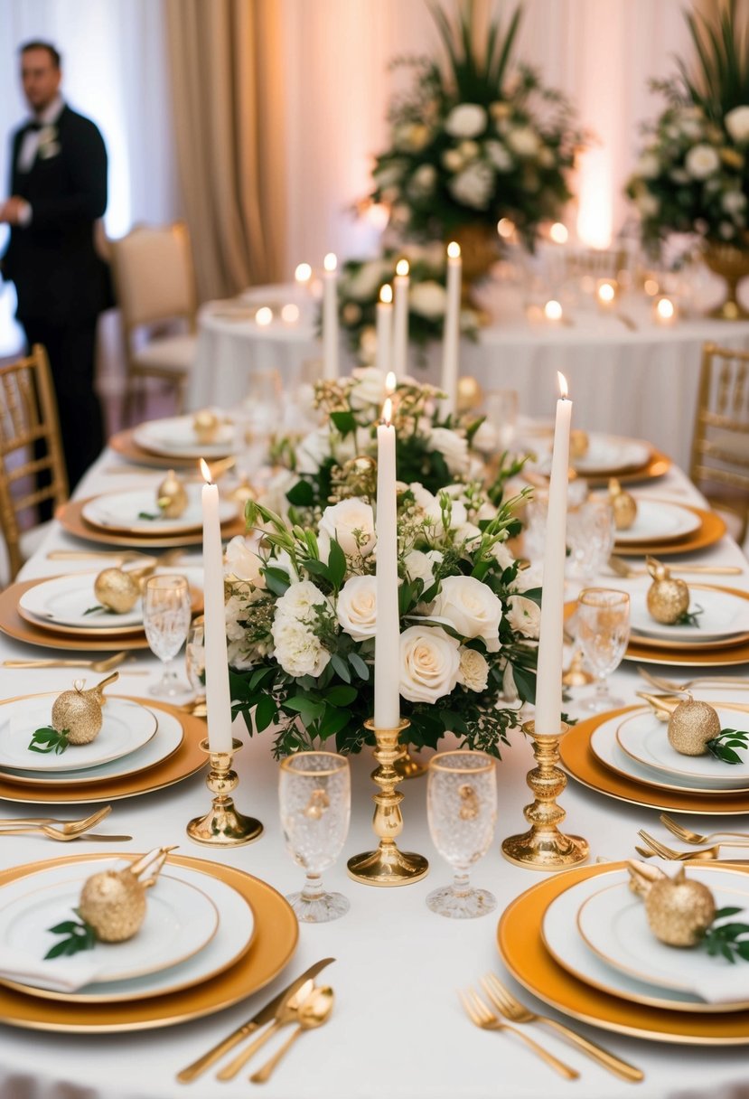 A grand white wedding table adorned with gold-rimmed plates, gilded candle holders, and opulent floral arrangements