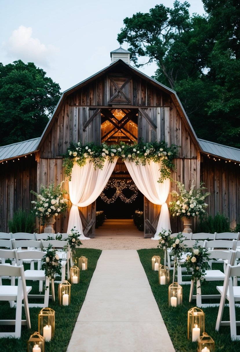 A rustic barn adorned with twinkling lights, draped fabric, and lush greenery, creating a grand entrance for a romantic wedding celebration