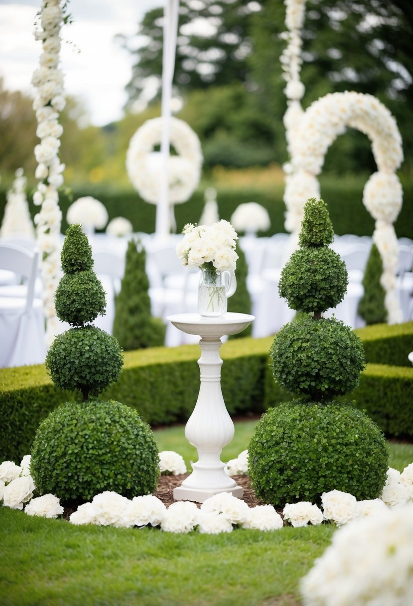 A garden adorned with white ceramic topiaries, surrounded by white wedding decor