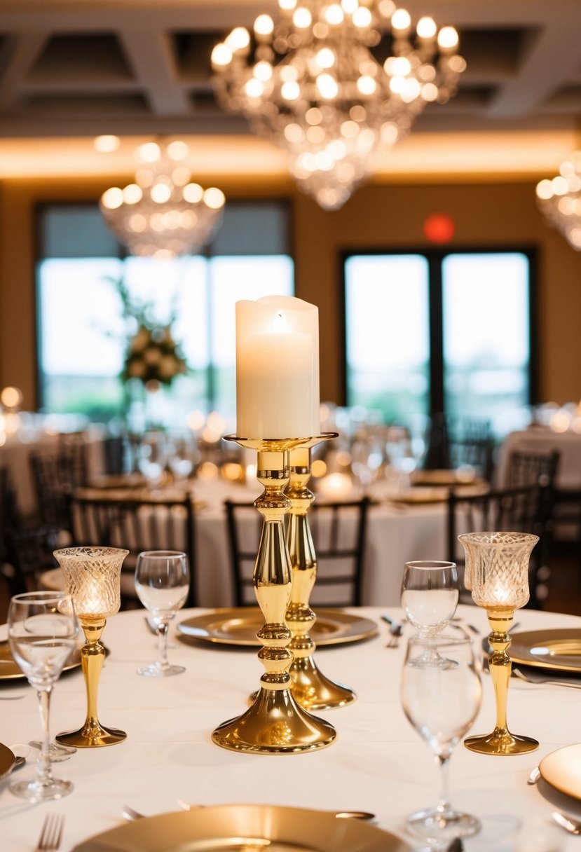 A table set with gold candlestick holders, surrounded by elegant wedding decor