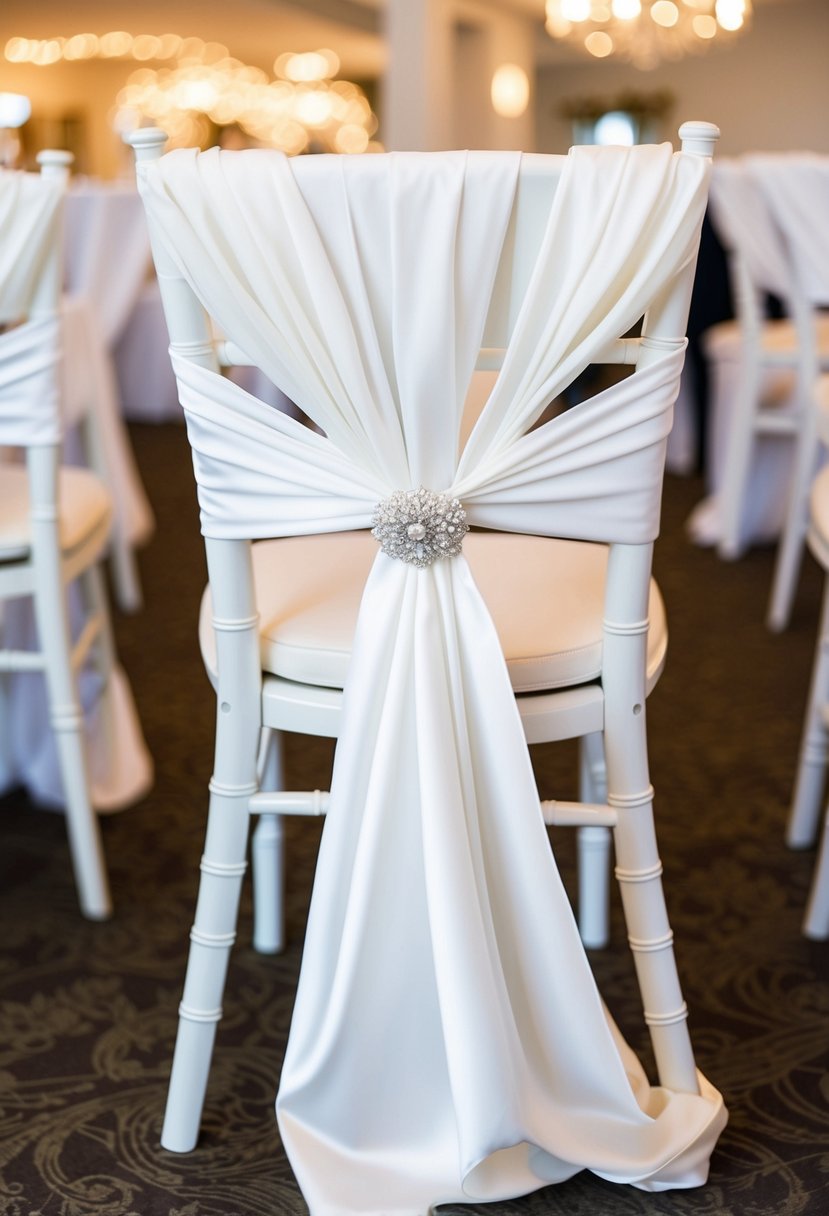 White chair sashes elegantly draped on chairs at a wedding venue, creating a cohesive and elegant look for the decor