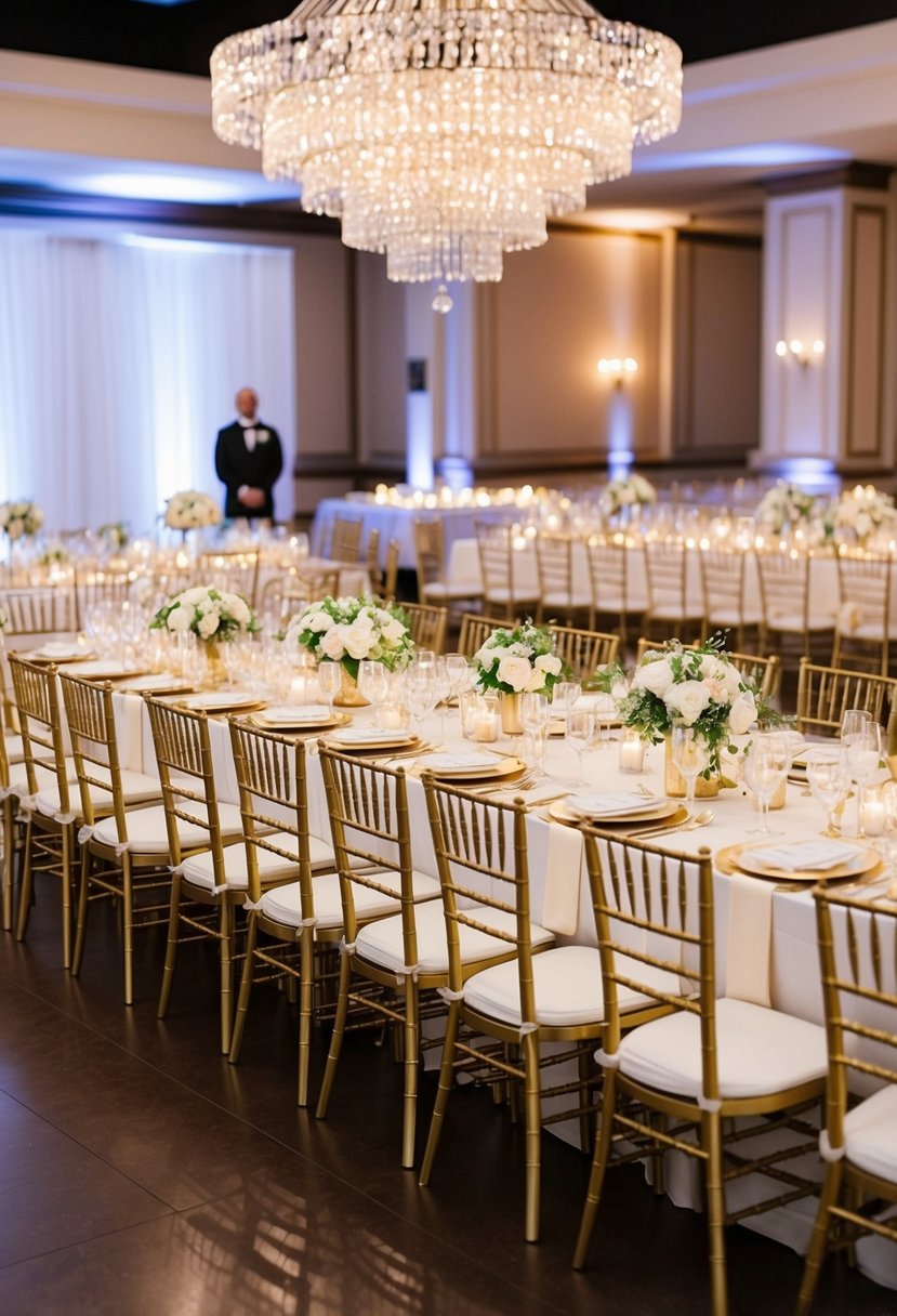 A lavish wedding reception with rows of gold Chiavari chairs set up under a sparkling chandelier