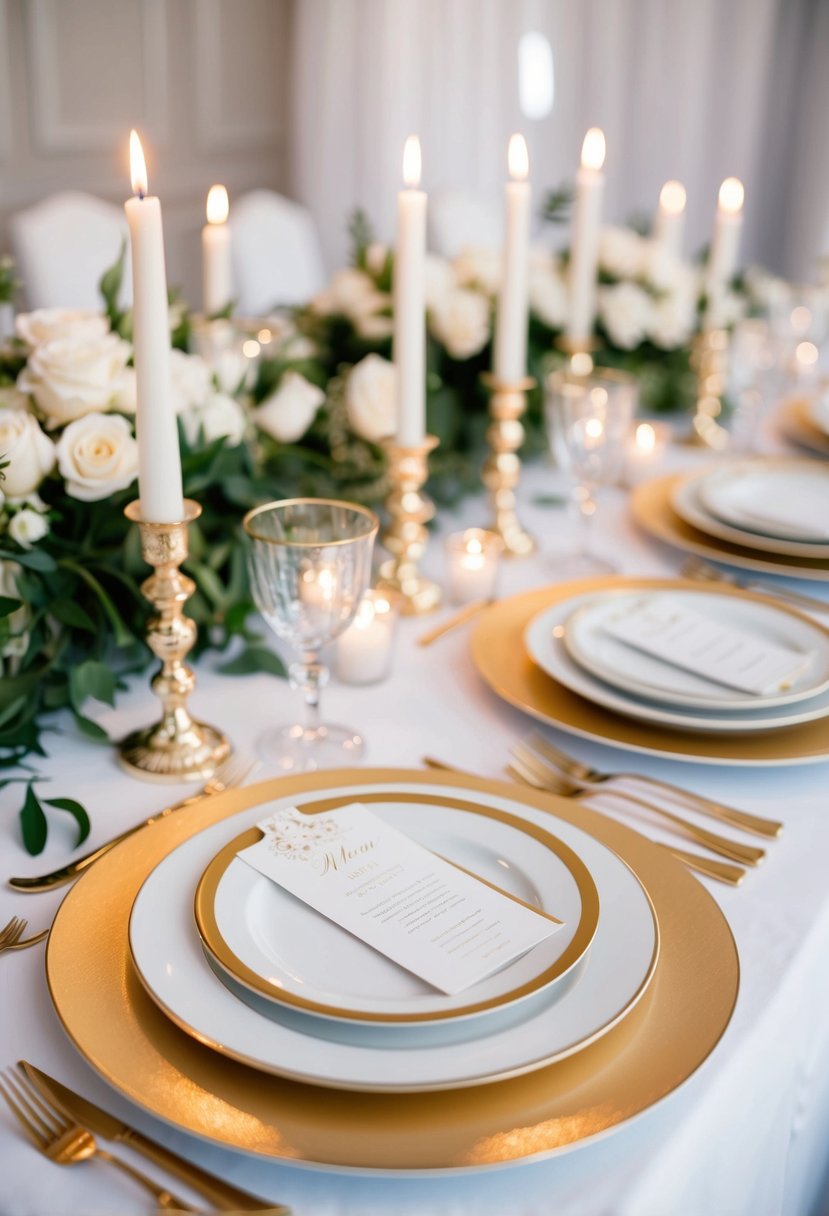 A white table adorned with gold-rimmed plates, gilded cutlery, and shimmering candle holders, set against a backdrop of elegant white wedding decor