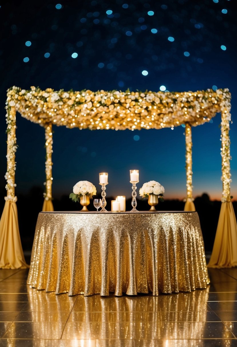 A glittering gold dance floor shimmers under a starry night sky, surrounded by elegant gold wedding decor