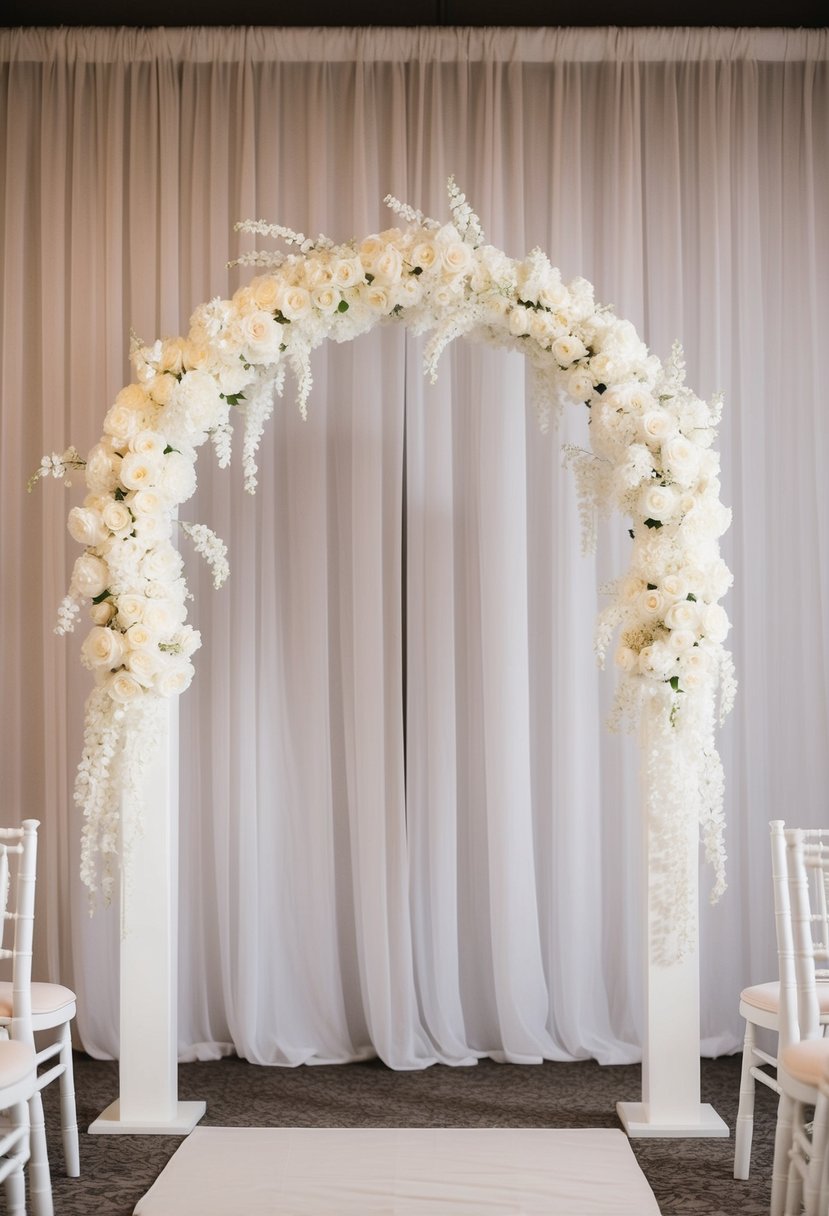 A white arch stands against a backdrop, adorned with delicate white decor for a wedding ceremony