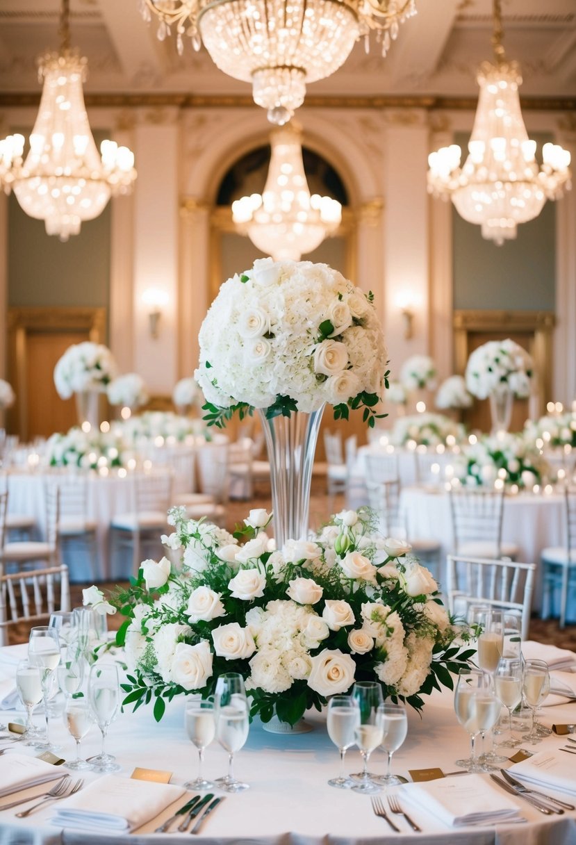 A grand ballroom adorned with white bouquets, exuding classic elegance for a white wedding decor