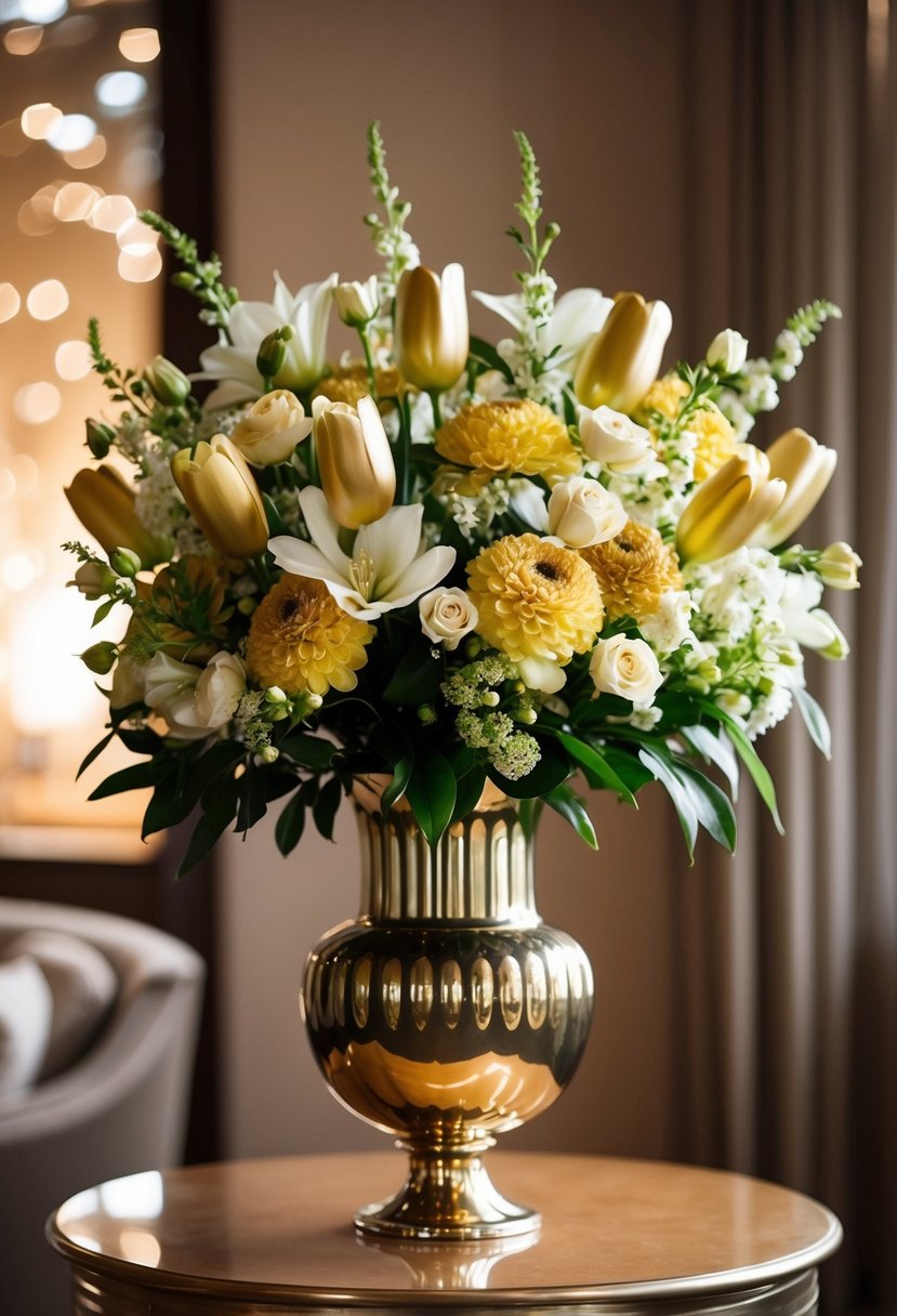 A golden and white bouquet of flowers arranged in an elegant vase