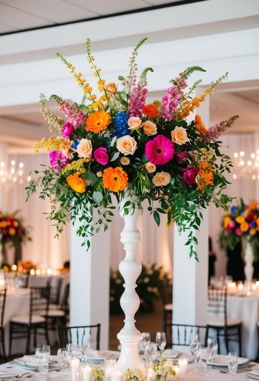 Vibrant florals stand out against white decor, creating a striking focal point at a wedding reception