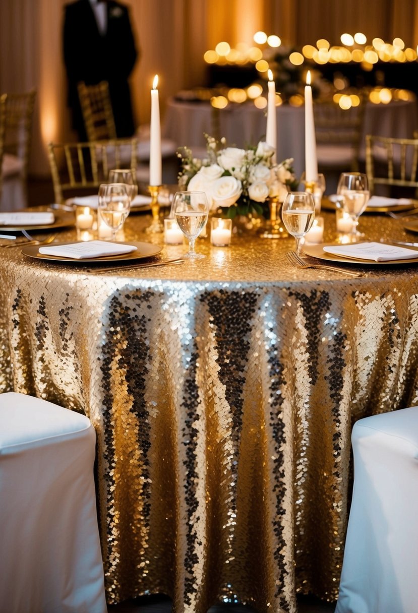 A round table with a shimmering gold sequin tablecloth, reflecting the soft glow of candlelight at a luxurious wedding reception