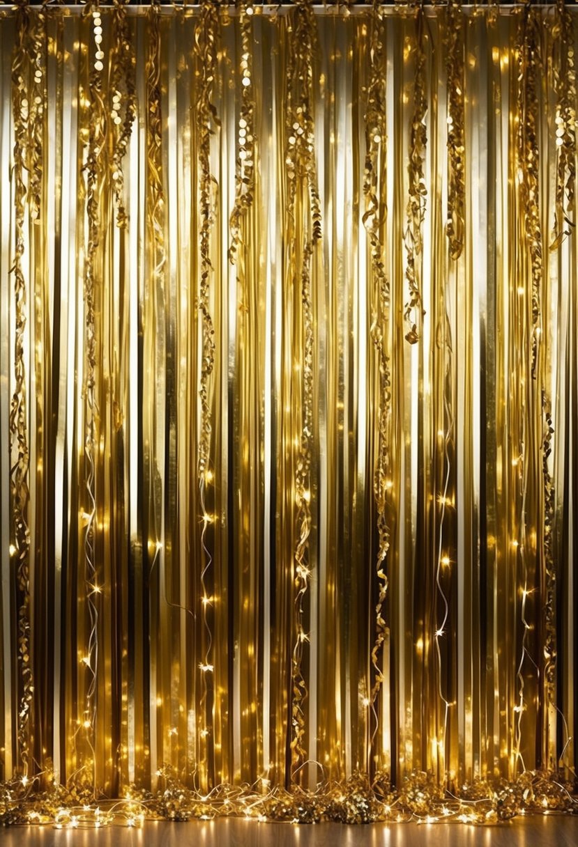 A golden photo booth backdrop with cascading metallic streamers and twinkling fairy lights