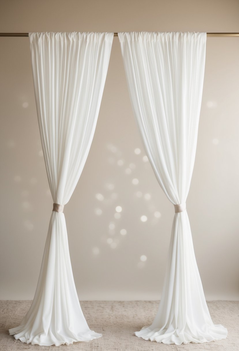 Elegant white drapes billow against a soft, neutral backdrop, creating a sophisticated and romantic atmosphere for a wedding celebration