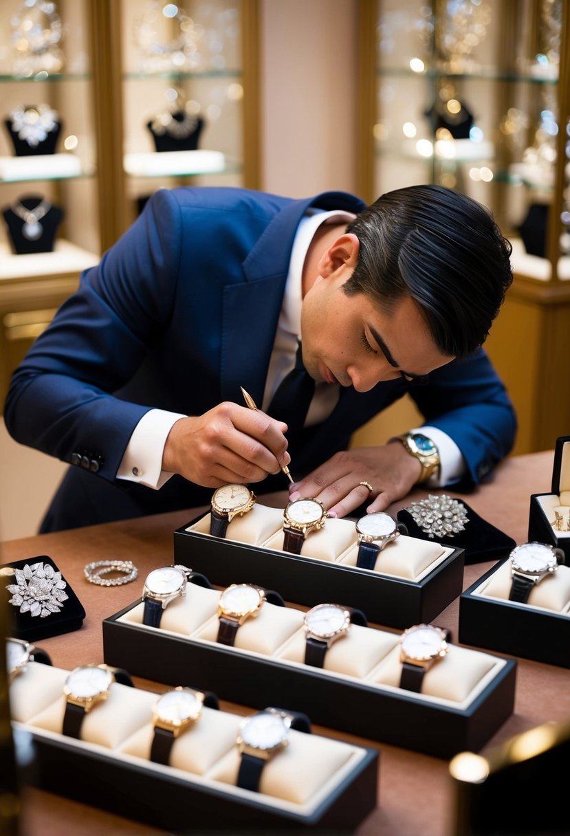 A jeweler engraves wedding watches with intricate designs and personalized messages, surrounded by elegant display cases and sparkling gemstones